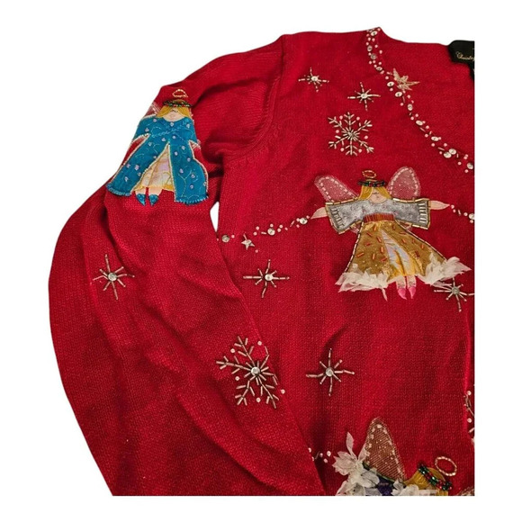 Christopher Radko Christmas Zipper sweater Cardigan sequin Angels Sx L - Picture 4 of 8